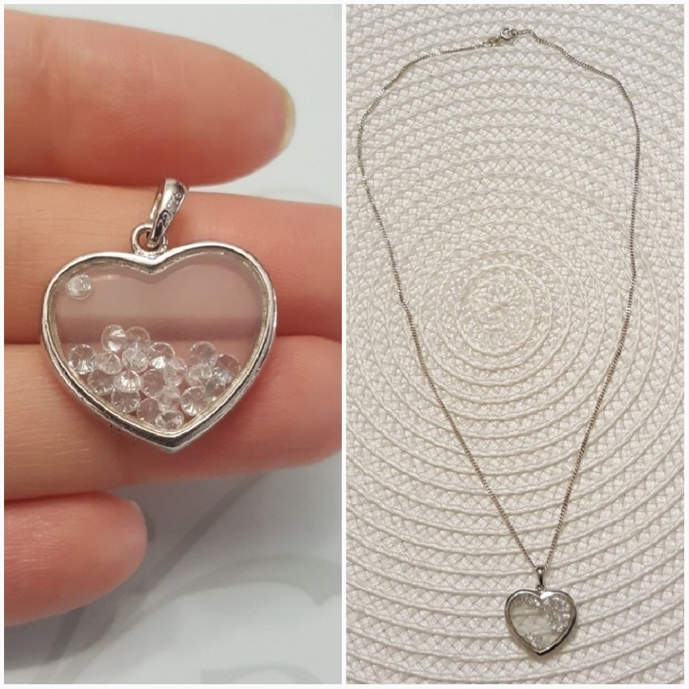 Silver heart pendant with floating crystals